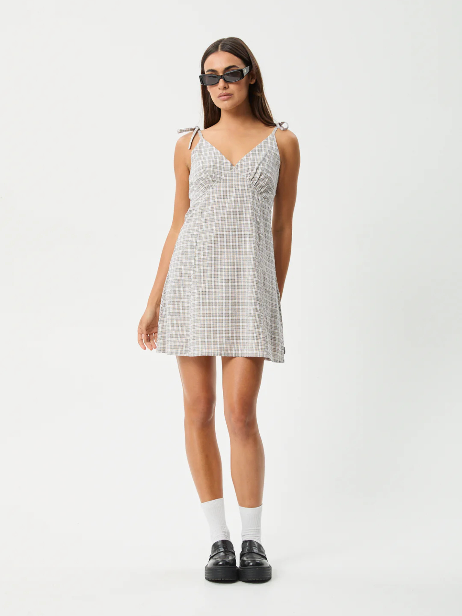 Afends Drew - Seersucker Mini Dress - Taupe Check