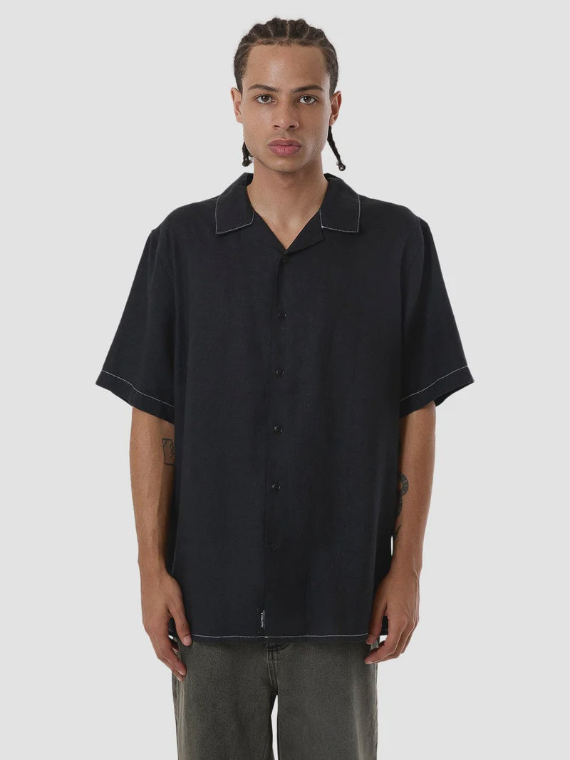 Hemp Minimal Thrills Constrast Stich Bowling Shirt - Black | Keel Surf & Supply